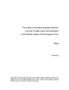 The impact of the Racial Equality Directive: a survey of trade unions and employers in the Member States of the European Union Malta