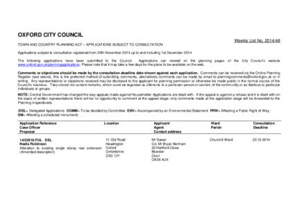 OXFORD CITY COUNCIL Weekly List No[removed]TOWN AND COUNTRY PLANNING ACT – APPLICATIONS SUBJECT TO CONSULTATION Applications subject to consultation registered from 25th November 2014 up to and including 1st December 