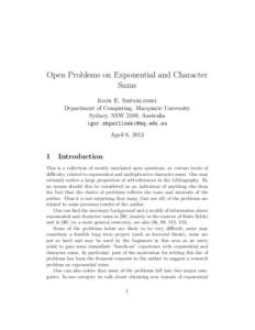 Open Problems on Exponential and Character Sums Igor E. Shparlinski Department of Computing, Macquarie University Sydney, NSW 2109, Australia [removed]