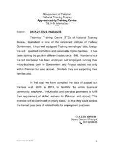 Government of Pakistan National Training Bureau Apprenticeship Training Centre 39, H-9, Islamabad .****. Subject:-