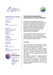 Statistical Press Release  Enrolments at grant-aided schools: Basic statistics  12 December 2012