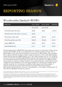 28th AugustREPORTING SEASON Woolworths Limited (WOW) RESULTS