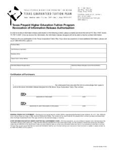 Texas Prepaid Higher Education Tuition Program Revocation of Information Release Authorization