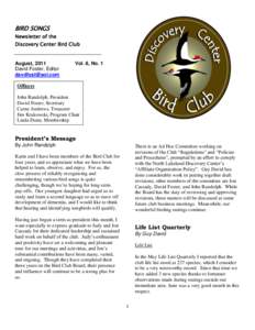 BIRD SONGS Newsletter of the Discovery Center Bird Club August, 2011 David Foster, Editor