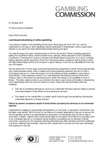 27 October 2014 To Sports Governing Bodies Dear Chief Executive  Land-based advertising of online gambling