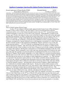 Southern Campaigns American Revolution Pension Statements & Rosters Pension application of Hastin Bartlett W4883 Transcribed by Will Graves Elizabeth Bartlett f63NC