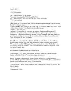 June 3, :17, 18 attendees Sec – Mike recording for the meeting Treasurer – Checking $6,075.07, Paypal $Dir – Bob brought an old survey from the 80’s and an old charter. VP, P – no comment