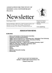 ASSOCIATION FOR THE STUDY OF MODERN AND CONTEMPORARY FRANCE Newsletter July/August 2010