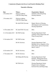 Commission of Inquiry into Excess Lead Found in Drinking Water Timetable of Hearing Date 2 November 2015