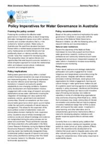 Water Governance Research Initiative  Summary Paper No. 2 Policy Imperatives for Water Governance in Australia Framing the policy context