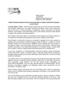 Media Contact: Joselen Bird NextEra Energy Canada, ULC Media Line: (NextEra Energy Canada announces new partnerships to support educational programs across Ontario