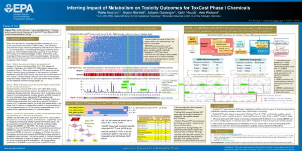 Inferring Impact of Metabolism on Toxicity Outcomes for ToxCast Phase I Chemicals Patra Volarath1, Bruno Bienfait2, Johann Gasteiger2, Keith Houck1, Ann Richard1 1 U.S. EPA, ORD, National Center for Computational Toxicol