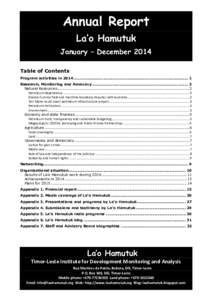 Annual Report La’o Hamutuk January – December 2014 Table of Contents Program activities in 2014 ............................................................................................ 1 Research, Monitoring and 