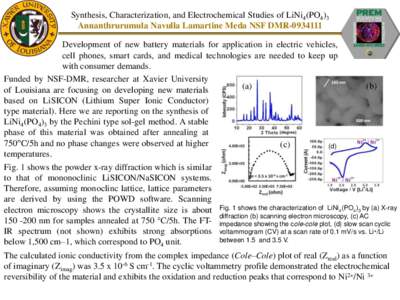 Synthesis, Characterization, and Electrochemical Studies of LiNi4(PO4)3 Annanthrurumula Navulla Lamartine Meda NSF DMR[removed]Development of new battery materials for application in electric vehicles, cell phones, smart