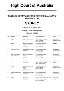 High Court of Australia RESULTS OF APPLICATIONS FOR SPECIAL LEAVE TO APPEAL AT SYDNEY FRIDAY, 17 OCTOBER 2014