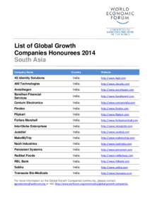 List of Global Growth Companies Honourees 2014 South Asia Company Name  Country