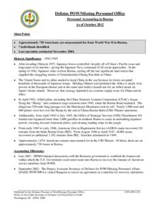 Defense POW/Missing Personnel Office Personnel Accounting in Burma As of October 2012 Main Points • •