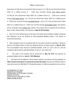 PRESS COMMUNIQUE Government of India have announced the Sale (re-issue) of (i) “7.68 per cent Government Stock 2023” for a notified amount of ` 3,000 crore (nominal) through price based auction,