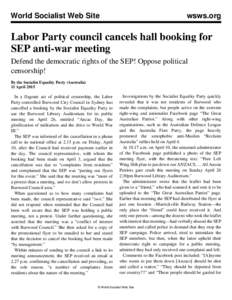 World Socialist Web Site  wsws.org Labor Party council cancels hall booking for SEP anti-war meeting