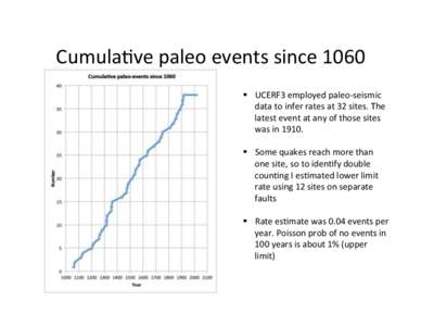 Cumula&ve)paleo)events)since)1060) !  UCERF3)employed)paleo;seismic) data)to)infer)rates)at)32)sites.)The) latest)event)at)any)of)those)sites) was)in)1910.)) !  Some)quakes)reach)more)than)