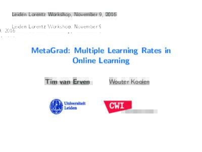 Leiden Lorentz Workshop, November 9, 2016  MetaGrad: Multiple Learning Rates in Online Learning Tim van Erven