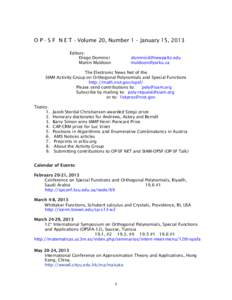 O P - S F N E T - Volume 20, Number 1 – January 15, 2013 Editors: Diego Dominici Martin Muldoon  