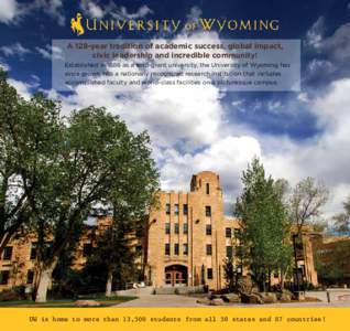 A 128-year tradition of academic success, global impact, civic leadership and incredible community! Established in 1886 as a land-grant university, the University of Wyoming has since grown into a nationally recognized r