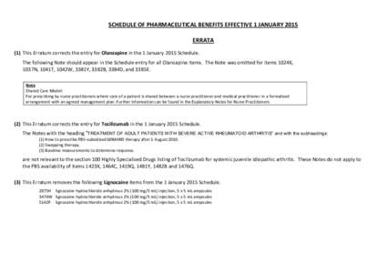 SCHEDULE OF PHARMACEUTICAL BENEFITS EFFECTIVE 1 JANUARY 2015 ERRATA (1) This Erratum corrects the entry for Olanzapine in the 1 January 2015 Schedule. The following Note should appear in the Schedule entry for all Olanza