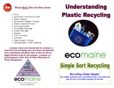Please Don’t Recycle these items ♦ Food ♦ Styrofoam or any kind of foam ♦ Plastic utensils ♦ Hypodermic needles or sharps ♦ Plastic wrap/shrink wrap
