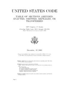 UNITED STATES CODE TABLE OF SECTIONS AMENDED, ENACTED, OMITTED, REPEALED, OR TRANSFERRED 108th Congress, 1st Session (Covering Public Lawsthrough)
