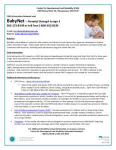 Center for Development and Disability (CDDMenaul Blvd. NE, Albuquerque, NMCDD Information Network and  BabyNet – Prenatal through to age 3