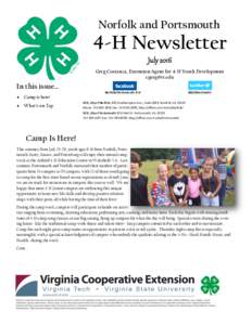 Norfolk and Portsmouth  4-H Newsletter July 2016 Greg Costanza, Extension Agent for 4-H Youth Development 