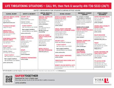LIFE THREATENING SITUATIONS — CALL 911, then York U security[removed]/7) SAFETY resourceS for students during office hours ILLNESS, INJURY Appletree Medical Centre (walk-in clinic) York Lanes