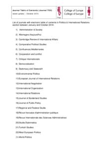 Journal Table of Contents (Journal TOC) latest update – October 2014 List of journals with electronic table of contents in Politics & International Relations section between January and October 2014: 1) Administration 