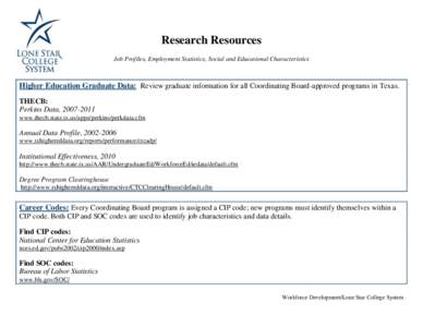 Research Resources Job Profiles, Employment Statistics, Social and Educational Characteristics Higher Education Graduate Data: Review graduate information for all Coordinating Board-approved programs in Texas. THECB: Per