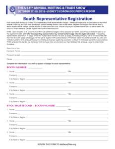 FHEA 54TH ANNUAL MEETING & TRADE SHOW  OCTOBER 17-19, 2016 • DISNEY’S CORONADO SPRINGS RESORT Booth Representative Registration