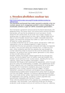 ITER Forum website Update 6/16 B.J.GreenSweden abolishes nuclear tax 10 June 2016