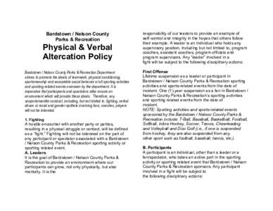 Bardstown / Nelson County Parks & Recreation Physical & Verbal Altercation Policy Bardstown / Nelson County Parks & Recreation Department