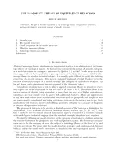 THE HOMOTOPY THEORY OF EQUIVALENCE RELATIONS ´ FINNUR LARUSSON Abstract. We give a detailed exposition of the homotopy theory of equivalence relations, perhaps the simplest nontrivial example of a model structure.