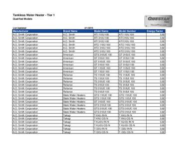 Tankless Water Heater - Tier 1 Qualified Models List Updated  Manufacturer