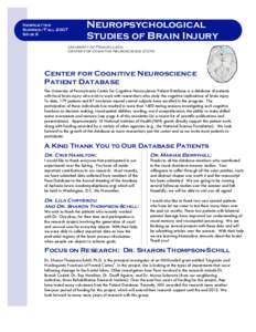 Newsletter Summer/Fall 2007 Issue 6 Neuropsychological Studies of Brain Injury