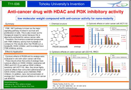 T11-036  Tohoku University’s Invention Anti-cancer drug with HDAC and PI3K inhibitory activity low molecular weight compound with anti-cancer activity for nano-molarity