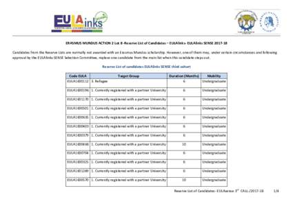 ERASMUS MUNDUS ACTION 2 Lot 8 -Reserve List of Candidates – EULAlinks- EULAlinks SENSECandidates from the Reserve Lists are normally not awarded with an Erasmus Mundus scholarship. However, one of them may, un