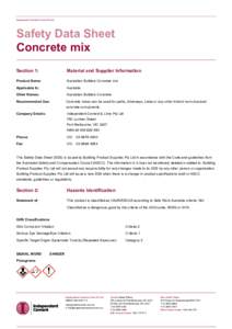 Independent Cement & Lime Pty Ltd  Safety Data Sheet Concrete mix Section 1: