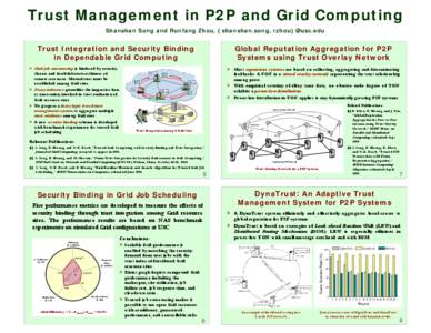 Trust Management in P2P and Grid Computing Shanshan Song and Runfang Zhou, {shanshan.song, rzhou}@usc.edu Trust Integration and Security Binding in Dependable Grid Computing ¾ Grid job outsourcing is hindered by securit