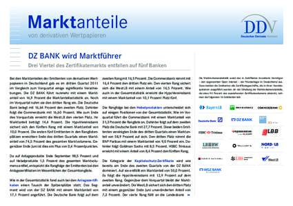 Marktanteile von derivativen Wertpapieren DZ BANK wird Marktführer Drei Viertel des Zertifikatemarkts entfallen auf fünf Banken Bei den Marktanteilen der Emittenten von derivativen Wert­