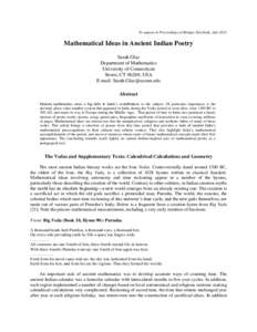 To appear in Proceedings of Bridges Enschede, JulyMathematical Ideas in Ancient Indian Poetry Sarah Glaz Department of Mathematics University of Connecticut