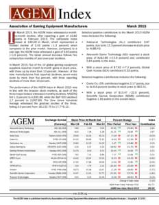 Index Association of Gaming Equipment Manufacturers n March 2015, the AGEM Index witnessed a monthto-month decline, after reporting a gain ofpoints in FebruaryThe composite index closed atin March, 