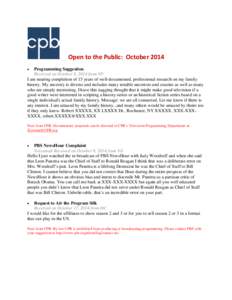 Open to the Public Report of Comments Received by CPB:  October 2014