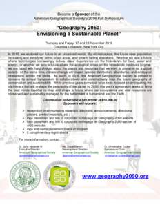 Become a Sponsor of the American Geographical Society’s 2016 Fall Symposium “Geography 2050: Envisioning a Sustainable Planet” Thursday and Friday, 17 and 18 November 2016
